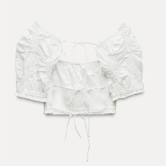ZARA White Open Back Lace-Up Top | Puff Sleeve Euro Summer Blouse | Size L - Picture 7 of 12